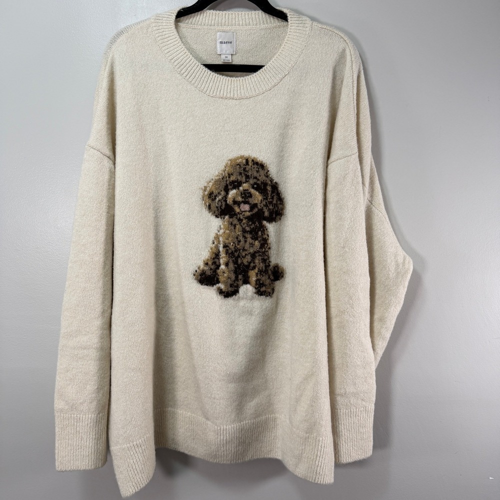 Maeve Anthropologie Dog Icon Intarsia Oversized Cozy Knit Sweater Ivory 3X